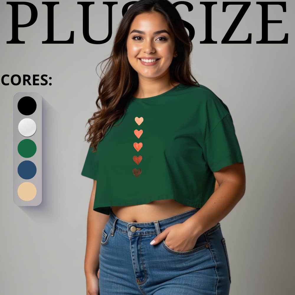 Cropped Plus Size Feminino Blusa T Shirt Camiseta Roupa Moda 100% Algodão estampa degrade de coração