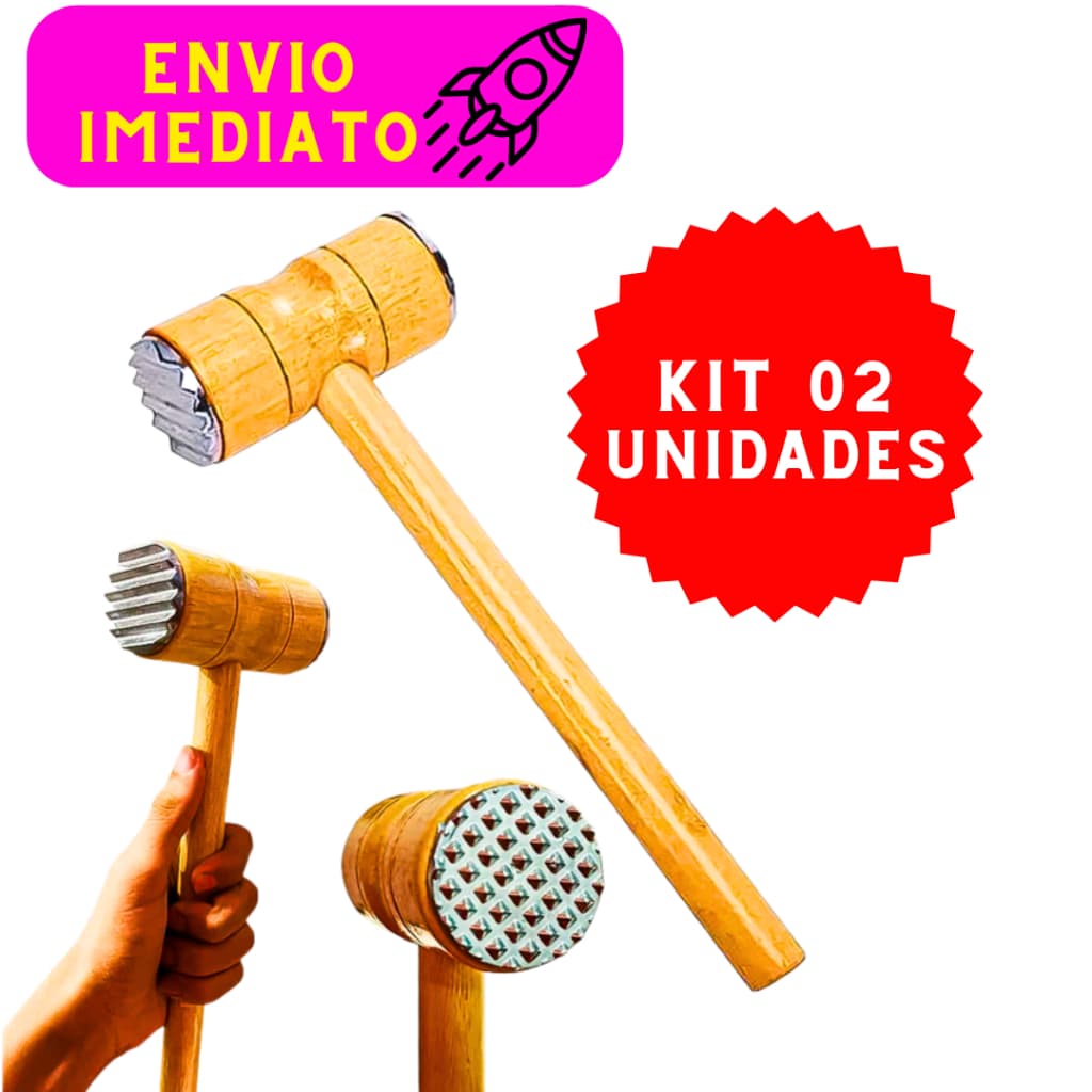 Kit 02 Martelos Maciço Amaciador de Carne Batedor de Madeira e Alumínio Excelente Resistencia