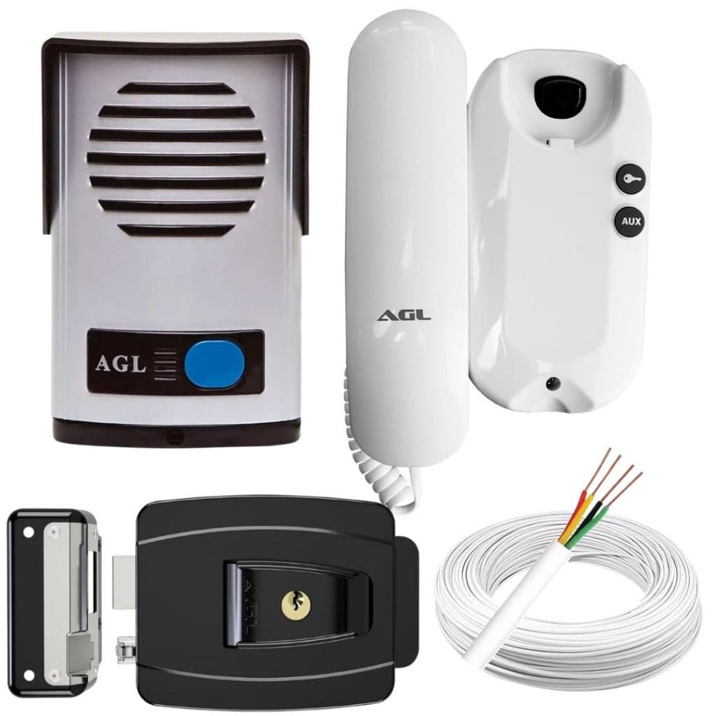 Kit Interfone Porteiro Com Fechadura Abre Pra Fora e Pra Dentro com 10m Cabo
