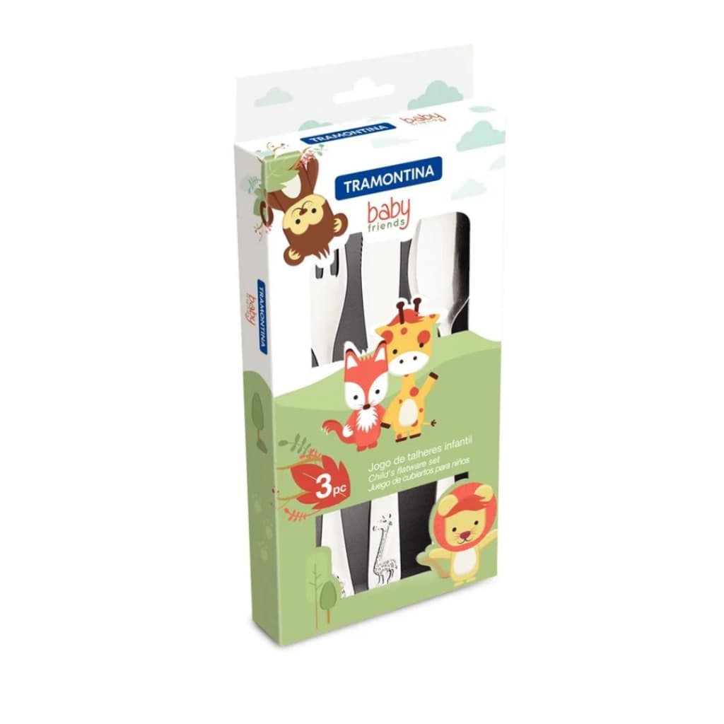 Jogo de Talheres Infantil Tramontina Baby Friends em Aço Inox Acabamento Brilho com Desenho em Alto Relevo 3 Peças