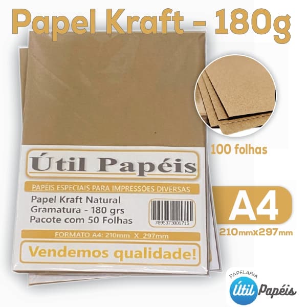 Papel Kraft 180g A4 Natural – Pacote com 100 Folhas 210x297mm | Artesanato, Embalagens, Convites