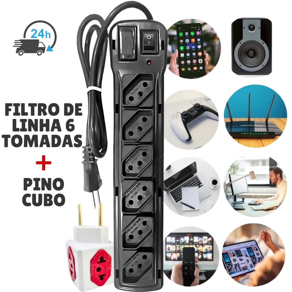 Filtro de Linha Com 6Tomadas Régua Com Fusível Protetor Computador, Tv, Eletrônicos