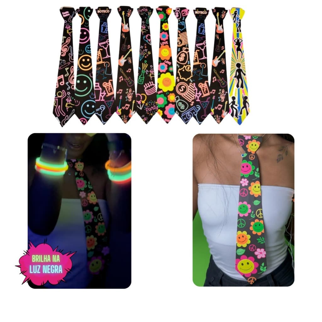 10-20-30-40-50 Gravatas Neon Divertidas Para Festas Balada