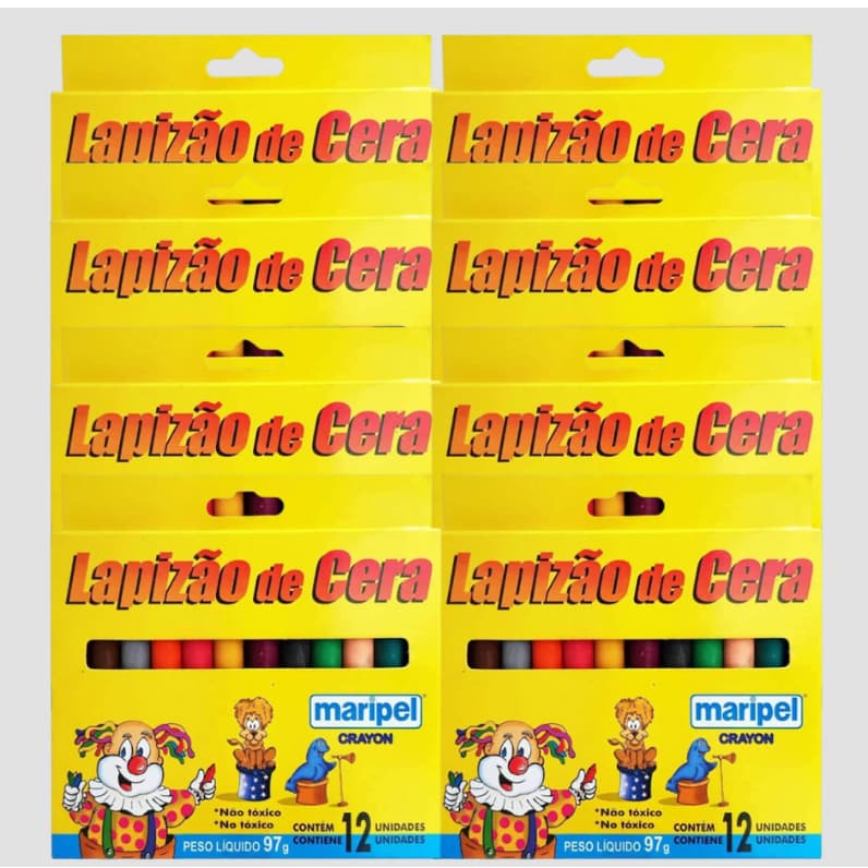 PACOTE COM 8 CAIXAS, GIZ LAPIZÃO DE CERA, 12UNIDADES, 97G, MARIPEL