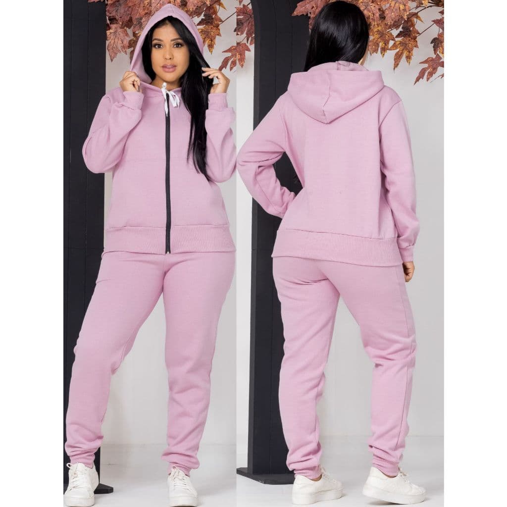 Conjunto Feminino Moletom Flanelado Blusa Agasalho Capuz Ziper Calça Bolsos Inverno