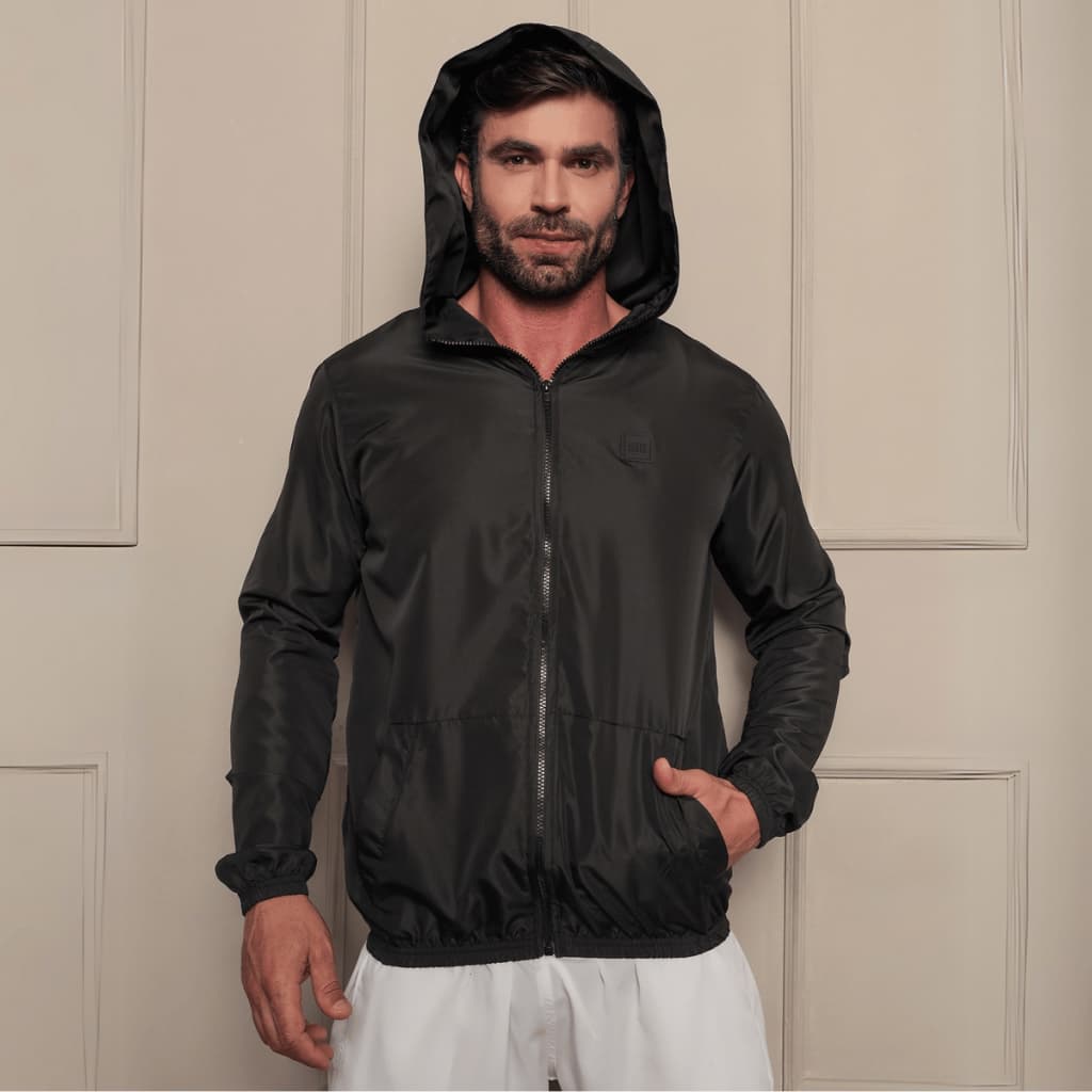 Jaqueta Corta Vento Sem Forro Com Capuz E Bolso Masculina Fitness