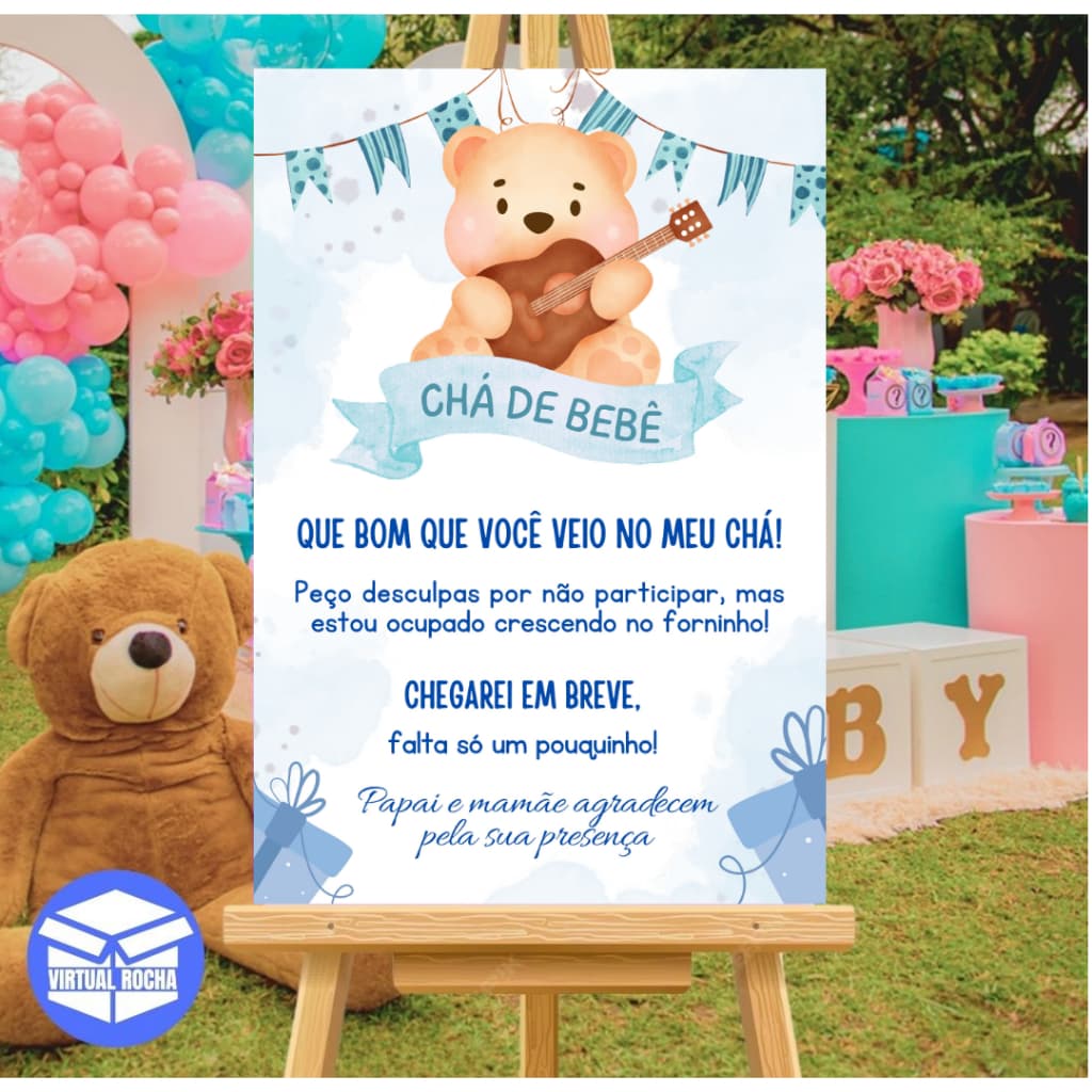 Quadro Placa Decorativa Azul Urso Chá De Bebê Festas Infantil Revelação MDF