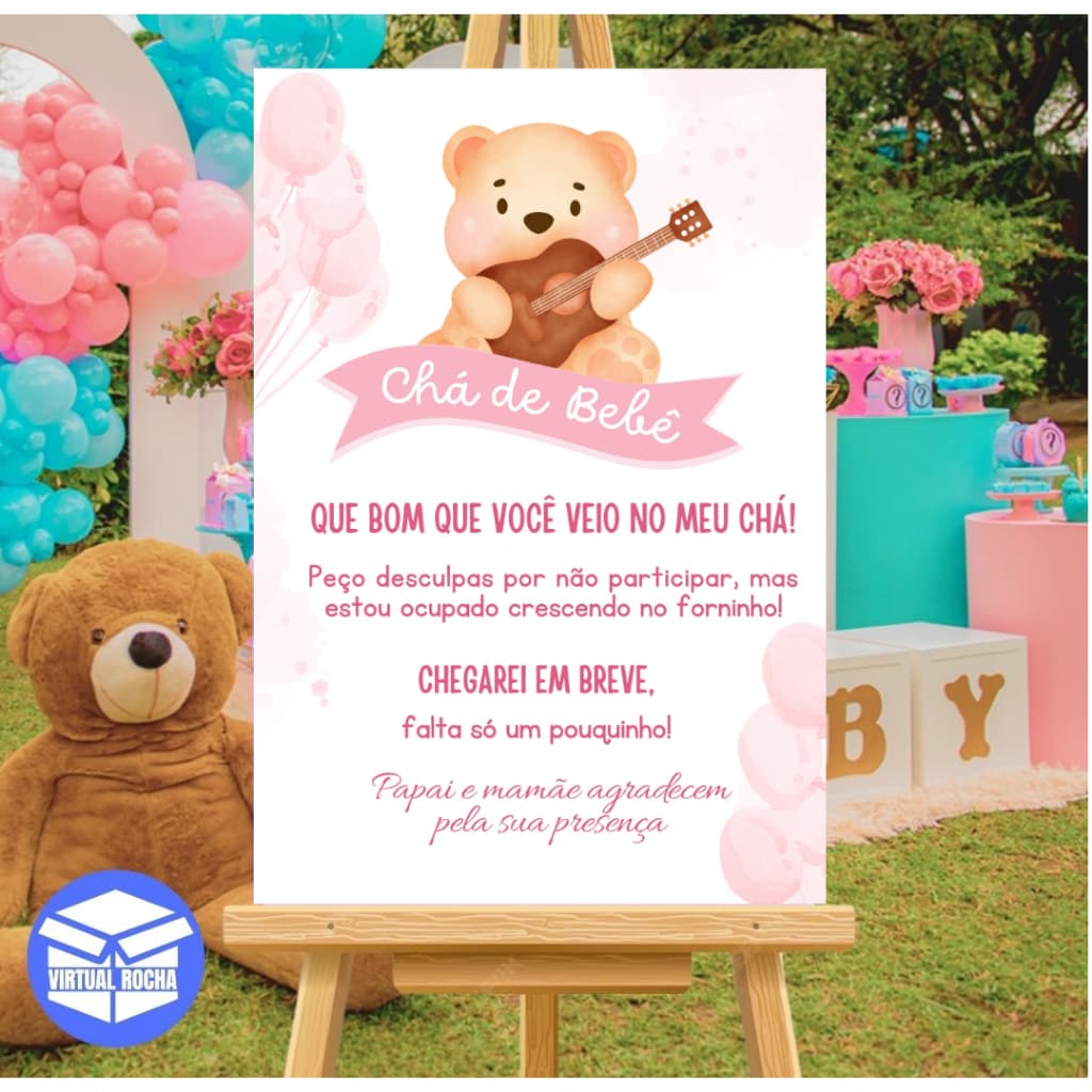 Quadro Decorativo Rosa Cha De Bebe Ursinho Fofo Recepção Festa MDF