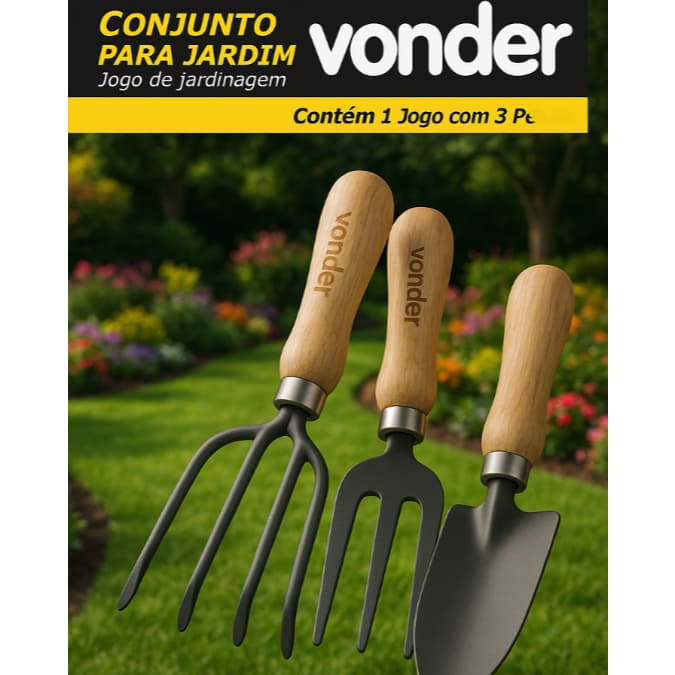 Kit Ferramentas Jardim 3 Peças Vonder • Pá, Garfo e Rastelo com Cabo de Madeira