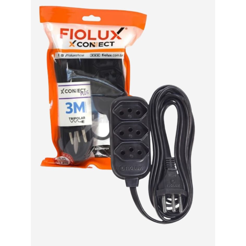 Extensão Elétrica 2P+T Tripolar 3 Tomadas 2m, 3m, 5m, 10m Fiolux