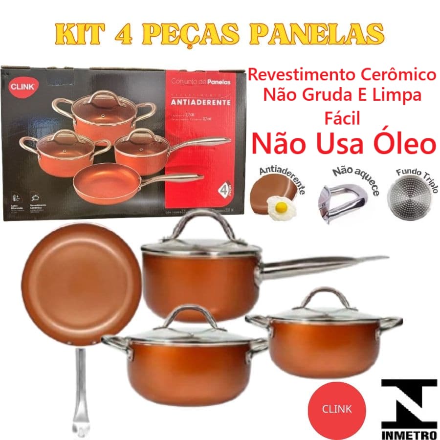 Conjunto De 4 Peças Panelas Com Tampa Revestimento Cerâmica Antiaderente Limpa Fácil E Não Usa Óleo
