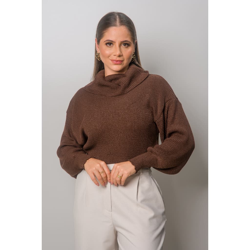 Blusa Feminina Cropped Trico Gola Alta Boba Tendência Inverno