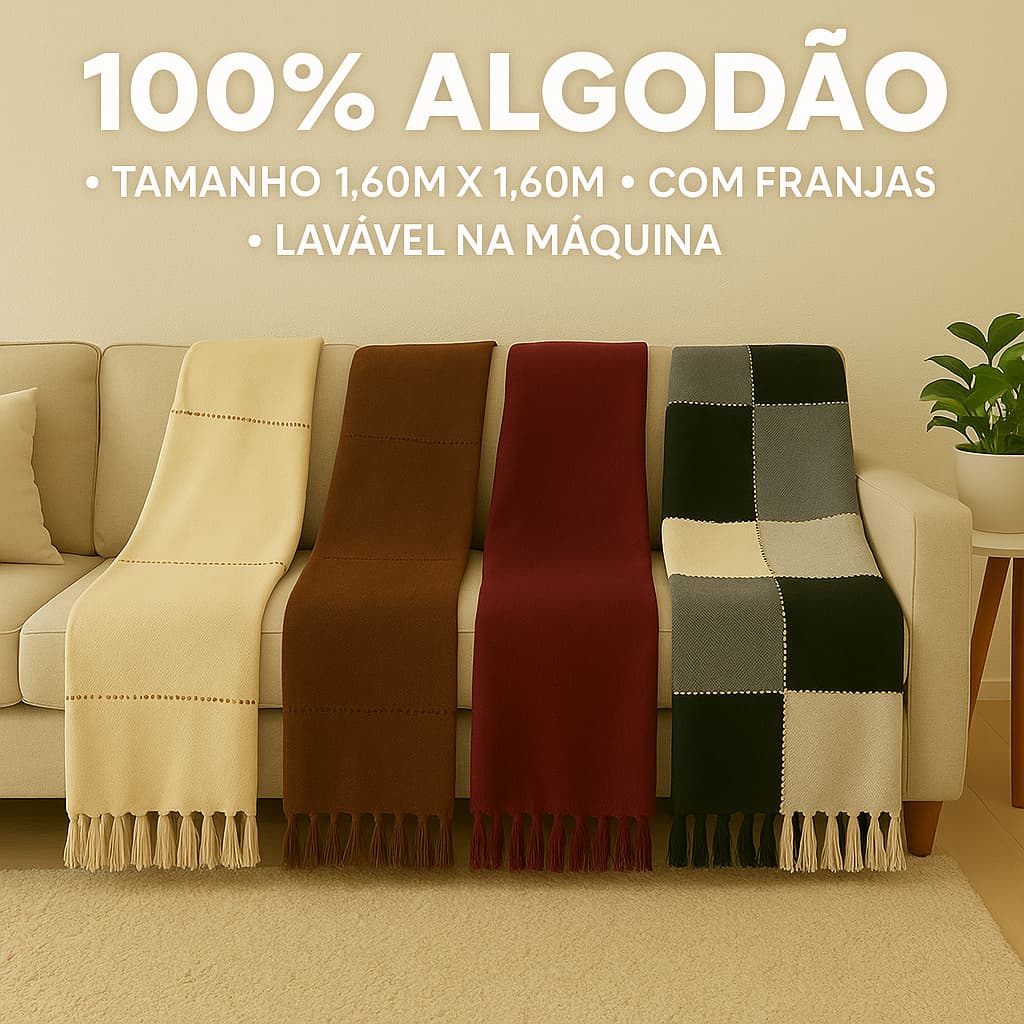 Xale Manta Para Sofá ou Cama 1,60m x 1,60m – Luxo em Algodão com Franjas | Direto da Fábrica