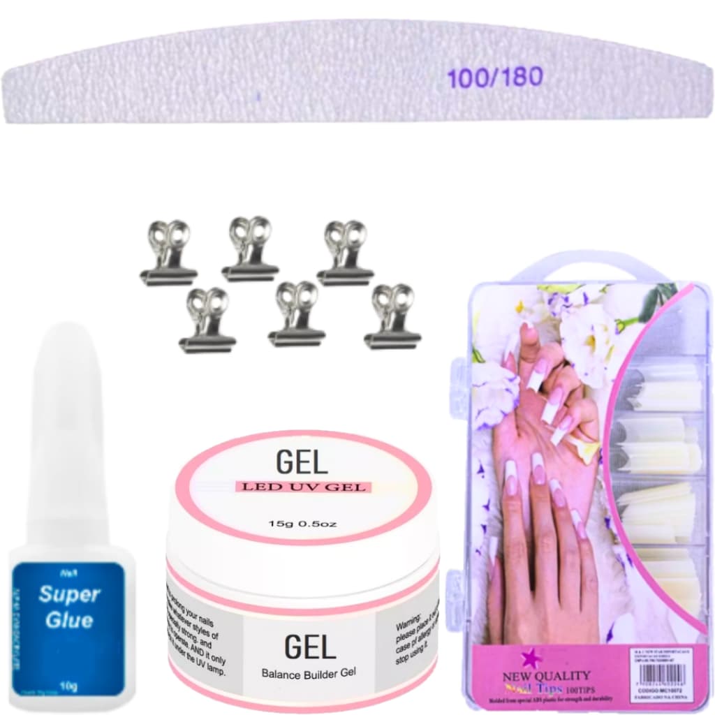 Kit Manicure Reposição Cola Pincel + Gel Led Uv + 100 Tips + Presilha + Lixa 100 80