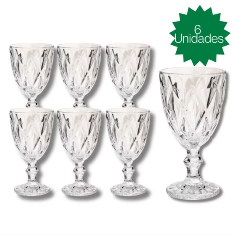 Jogo 6 Taça Diamante Copo Vidro Transparente Bico De Jaca 340ml
