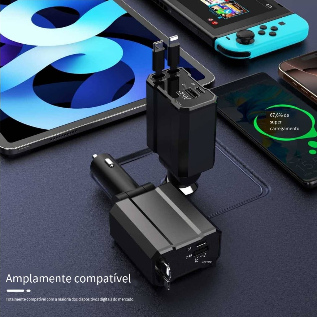 Carregador multifuncional para carro Carregador ultrarrápido 4 em 1 Cabo retrátil