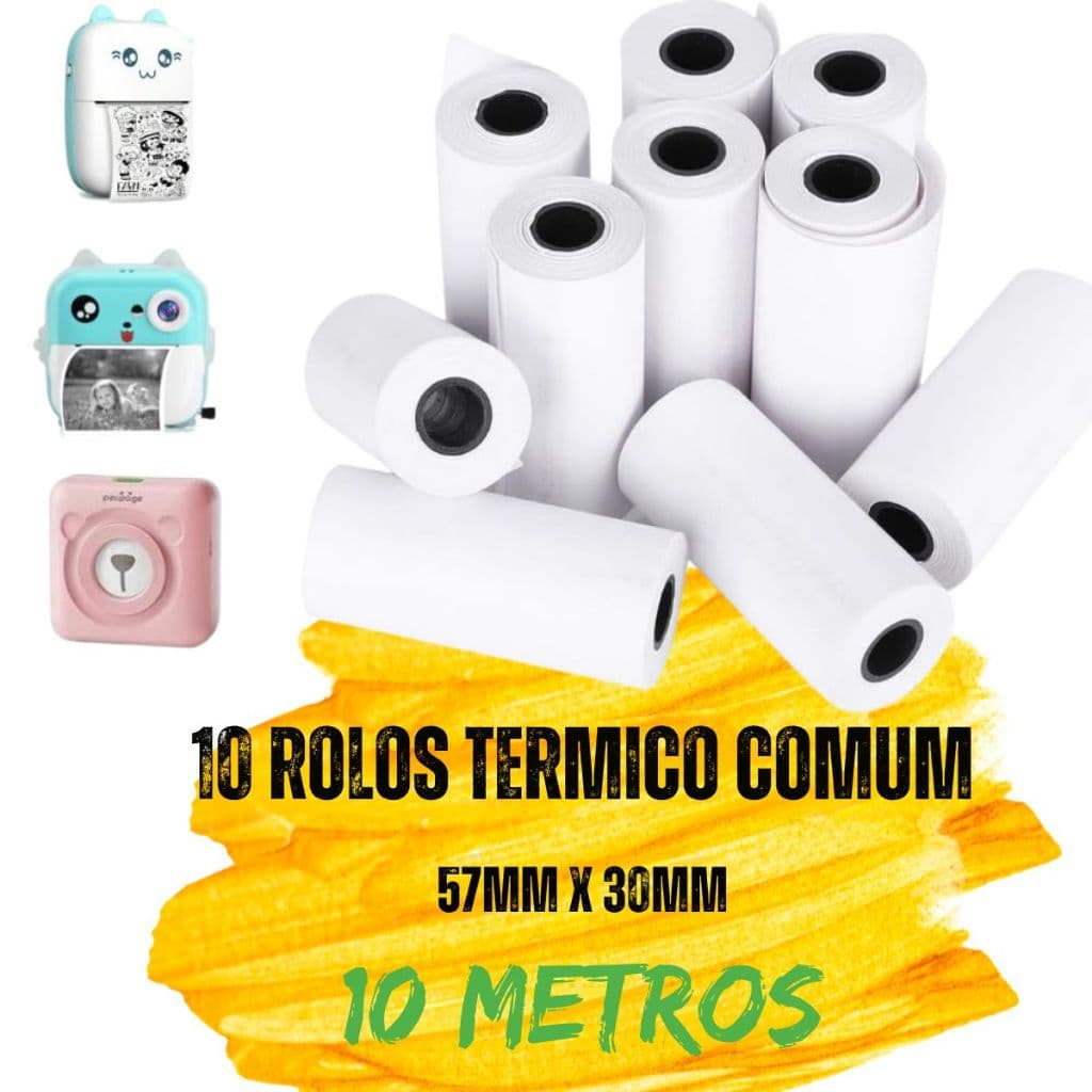 KIT 10 Rolos Bobina Térmica Comum Branco Não Adesiva 57X30MM Mini Impressora Portátil Gatinho e Camera que Imprime