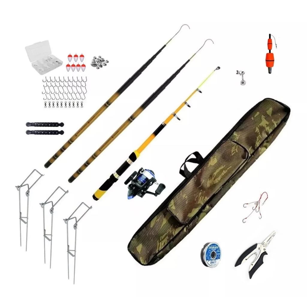 Kit De Pesca Completo C/ 3 Varas 1 Molinete Bolsa Para Guardar Diversos Acessórios