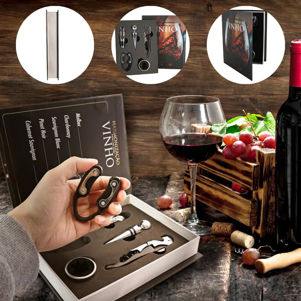 O Livro Do Vinho Kit Completo 5 Peças Com Cortador Acessórios Elegantes Duráveis