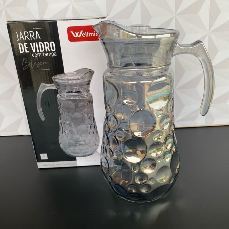 Jarra de vidro preta fume decorada com tampa de acrílico 1,5 litro para suco com alça grande - jarra garrafa preto sucos