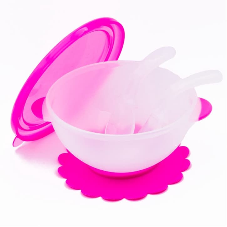 Kit Tigela De Alimentação Com Colher e Garfo Polipropileno e Látex Base De Sucção Rosa Para Bebê Ibimboo