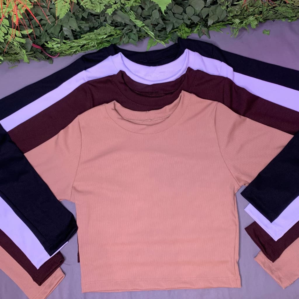 Cropped Blusa Suplex Básico Canelado Manga Longa Gola Alta Várias Cores