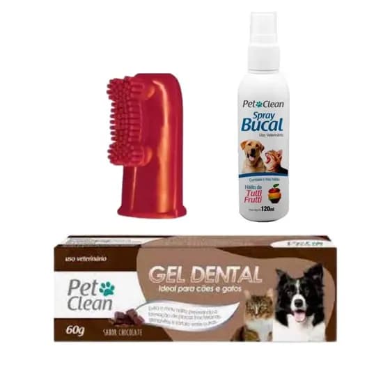 Kit Dedeira + Pasta Dente Chocolate + Spray Bucal tutti frutti Pet Clean Cachorro