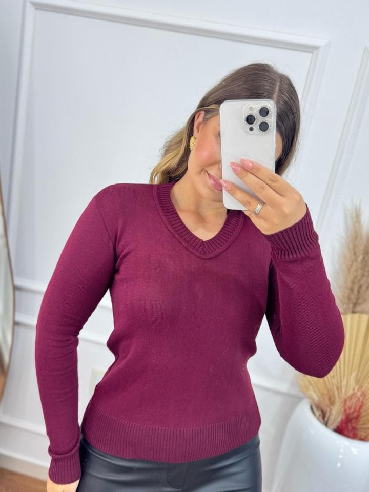 Blusa Feminina Suéter Básica Decote V Moda feminina Tricot Elastano De Frio Premium Inverno