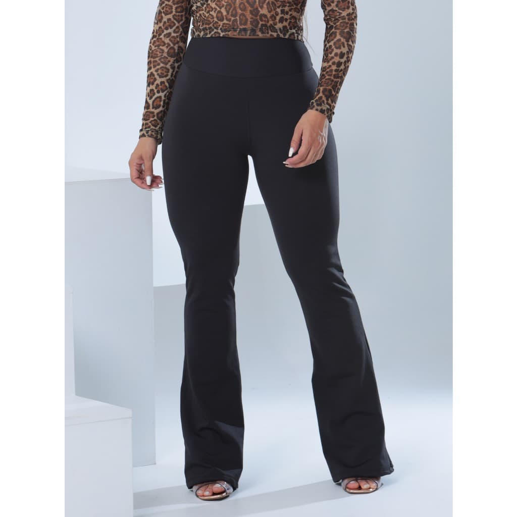 Calça Flare Flanelada térmica, elástico na cintura, legging Suplex boca de sino, bailarina, cintura alta, preta feminina