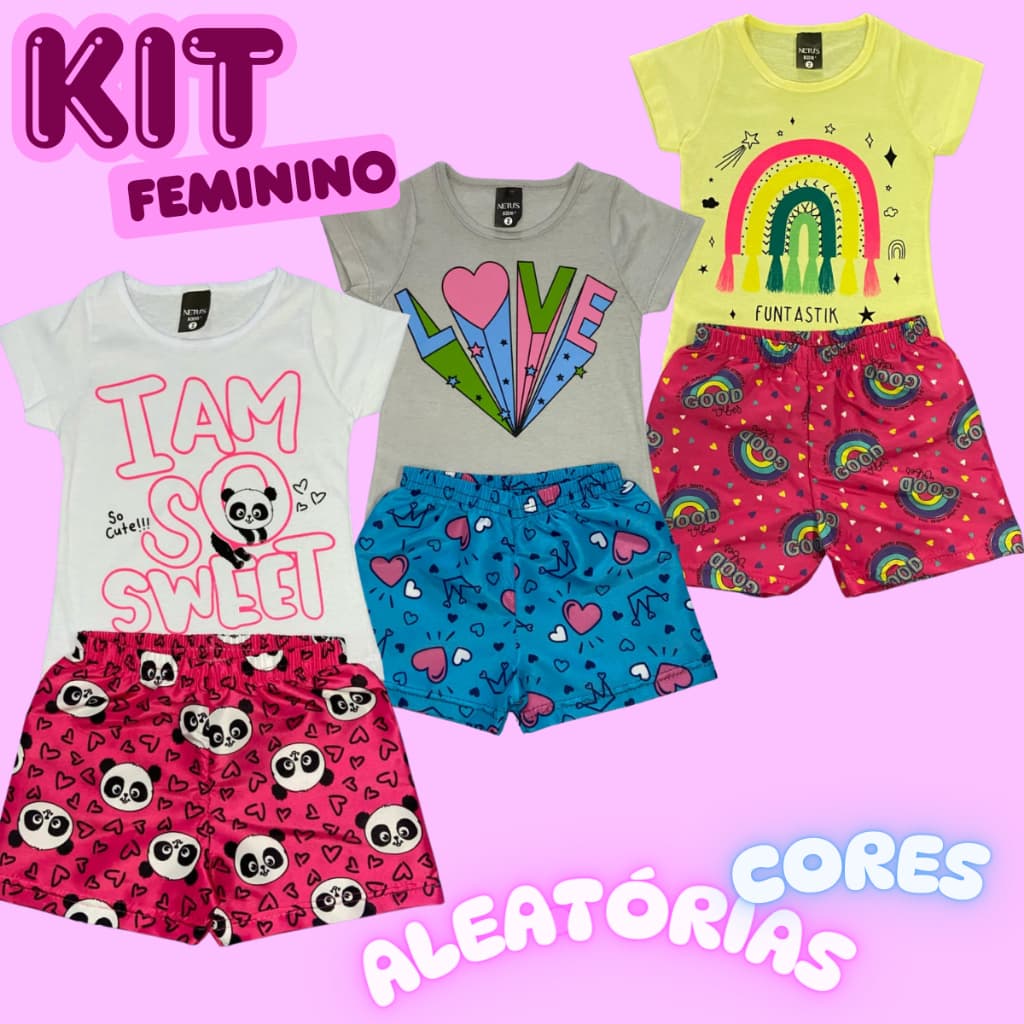 Kit com 12 peças de Roupa Conjuntos Sortidos Infantil Menina Camiseta e Bermuda Verão Algodão
