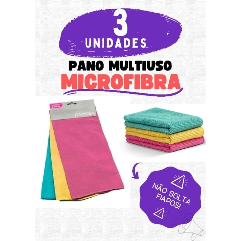 Kit 3 Panos Multiuso Camesa 30x30cm – Limpeza Geral | Colorido