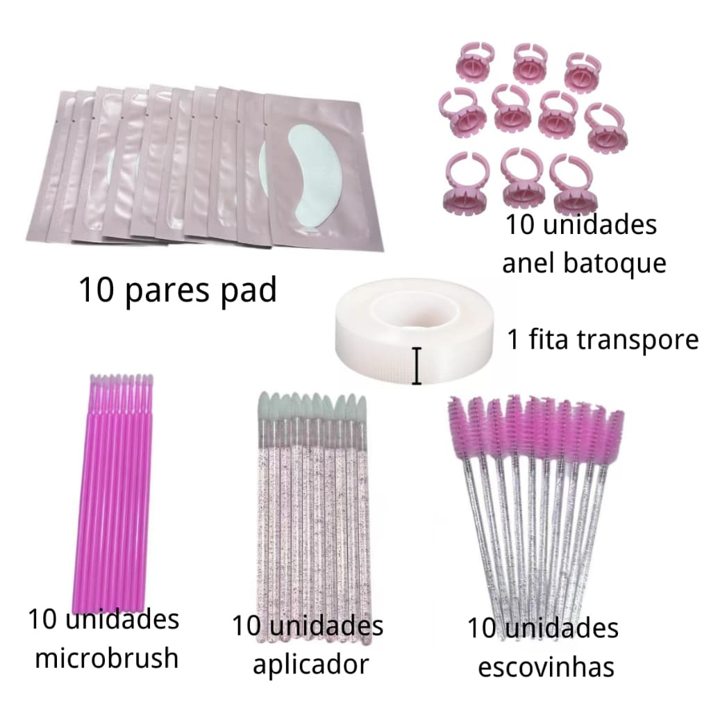 Kit Alongamento De Cilios 10 Escovinhas + 10 Miceobrush +10 Anel Batoque + 10 pares de pads  + 1Fita transpore