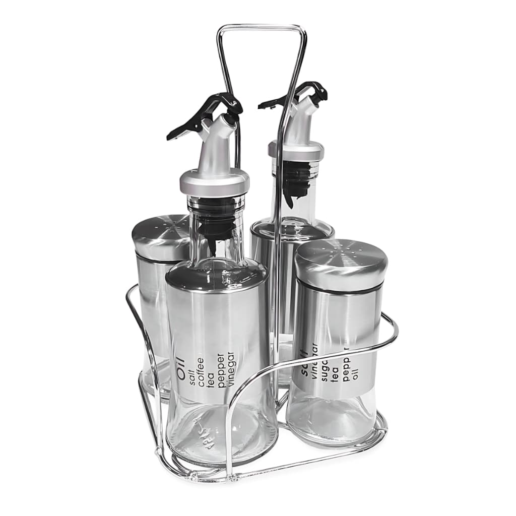 Porta Temperos com Suporte Inox 5 Peças Galheteiro Saleiro Vidro