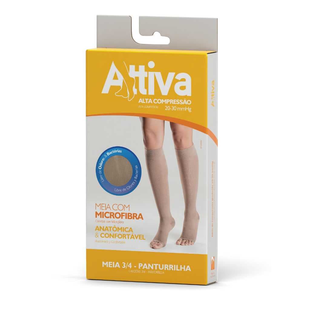 Meia Panturrilha 3/4 Alta Compressão Varizes 20-30mmHg Attiva Cor Natural Ponteira Aberta