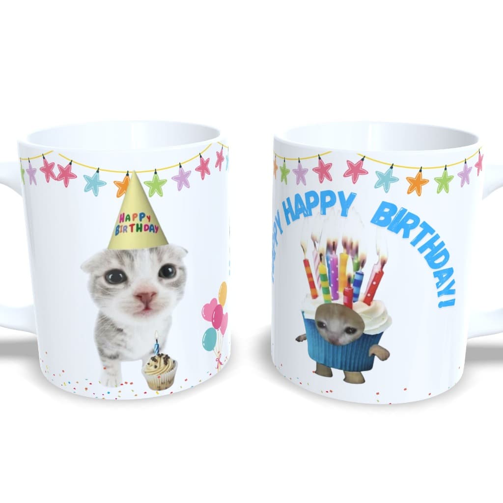 Caneca Personalizada Meme Aniversário Gatinho Happy
