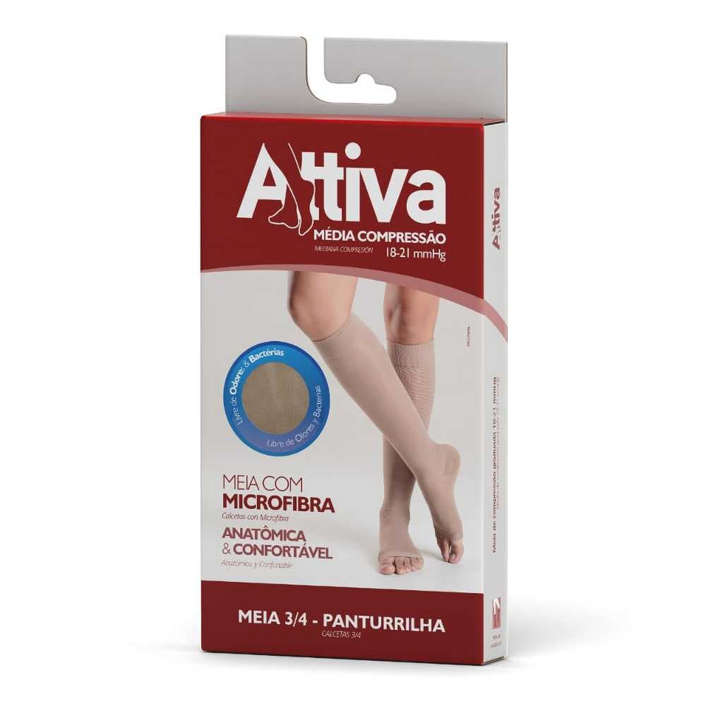 Meia Panturrilha 3/4 Média Compressão 18-21mmHg Attiva Cor Natural Ponteira Aberta
