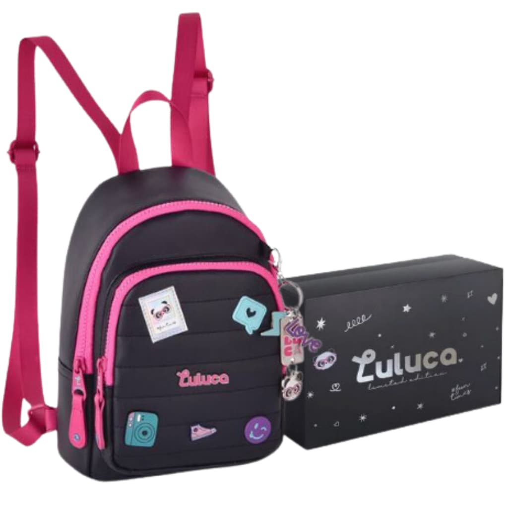 Bolsa Mini Mochila Luluca + Porta Fone de Ouvido + Chaveiro C/Suporte para Celular + Caixa Exclusiva
