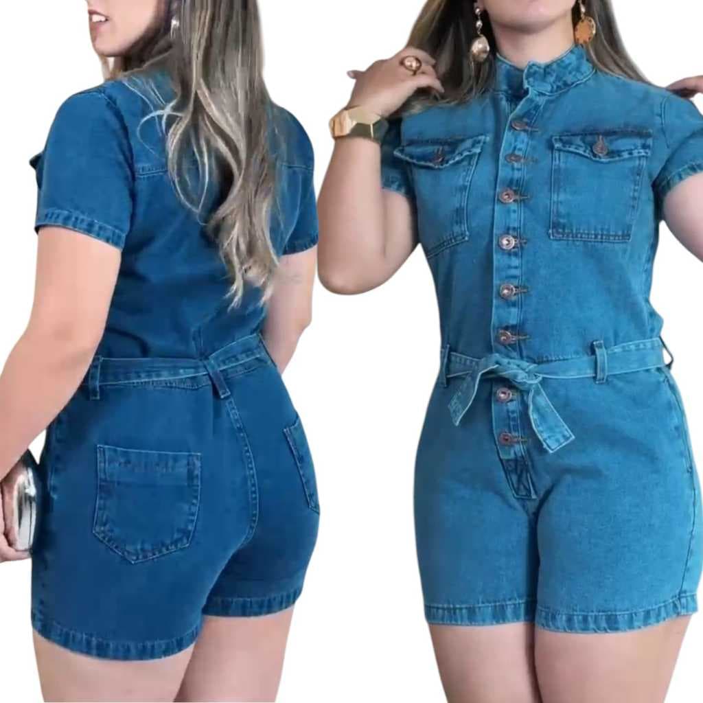 Macaquinho Jeans Feminino Sem Lycra Com Botão