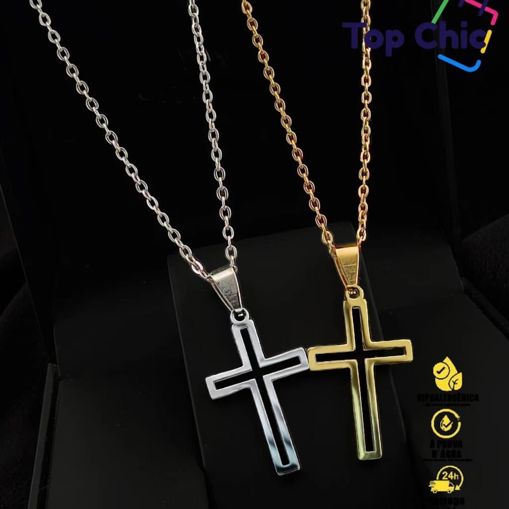 Corrente em Cruz De Aço Inox Vazado Gold com Pingente Unissex em Aço Inoxidável Símbolo Cristão