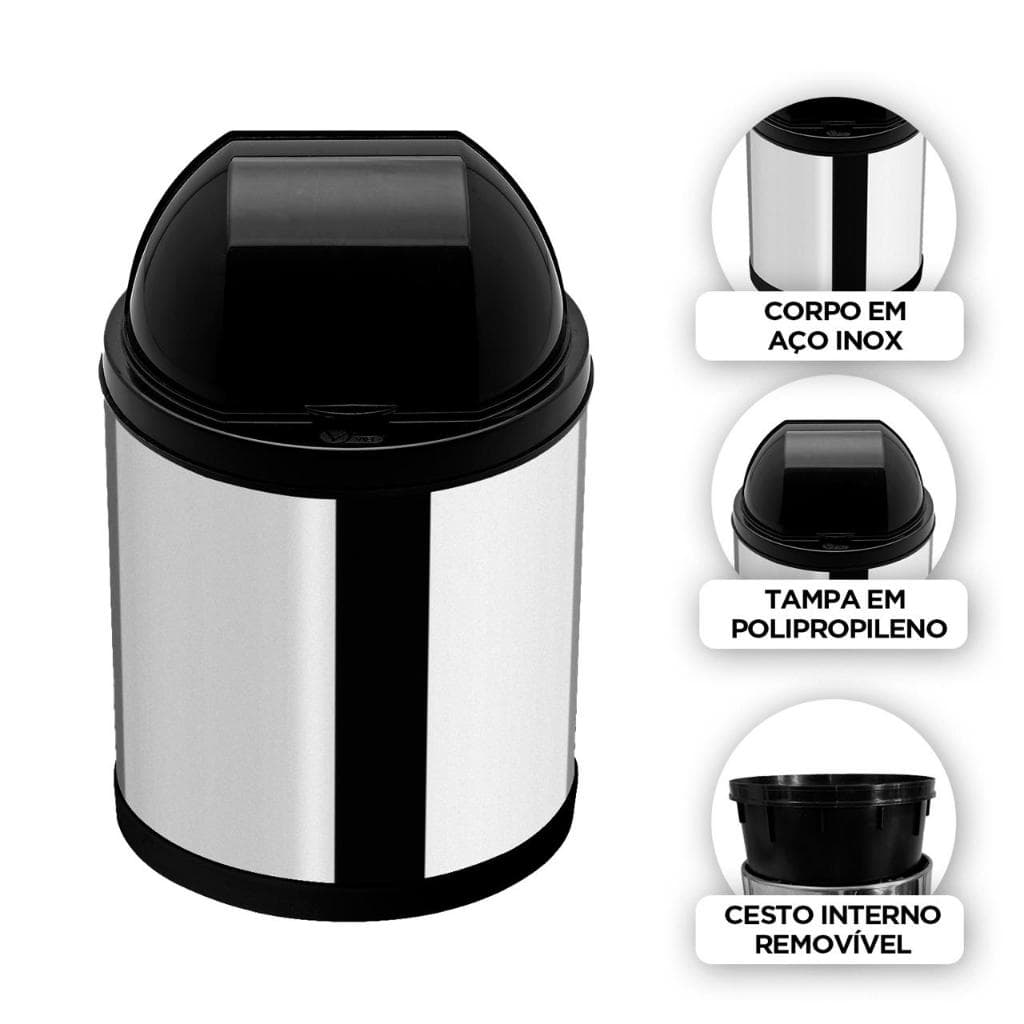 Lixeira De Pia 2,5L Aço Inox Tampa Retrátil Cesto de Lixo para Cozinha