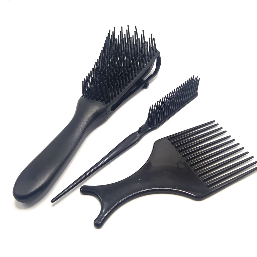 Kit Cuidados para Cabelo Cacheado & Crespos Escova Polvo + Pente 3 Fileira + Pente Garfo Cor Sortida