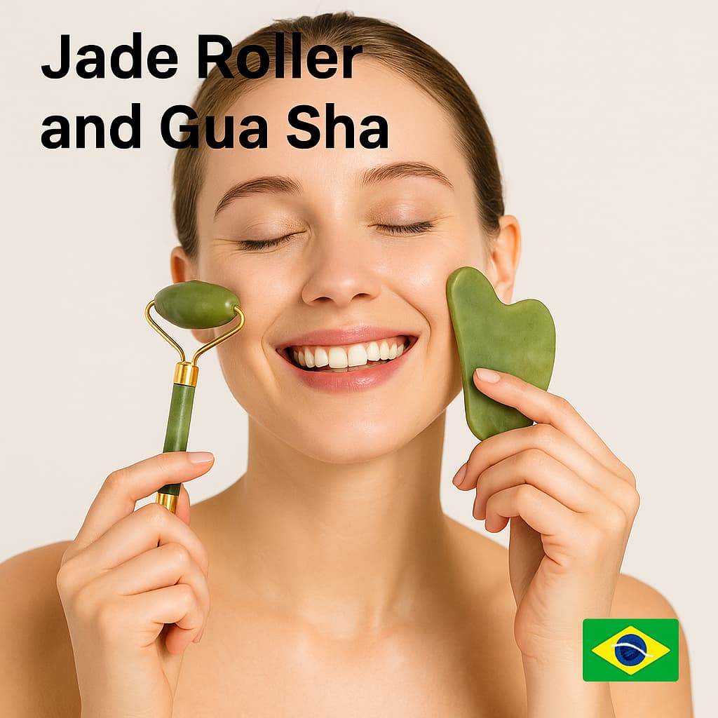 Kit  Rolos Massageador Anti Rugas  Skincare Cuidados com a Pele Pedra De Jade Massagem Facial + Pedra  Gua Sha