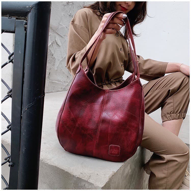 Bolsa Feminina em Couro Vintage Grande Capacidade com Grão Mármore - Estilo Casual para