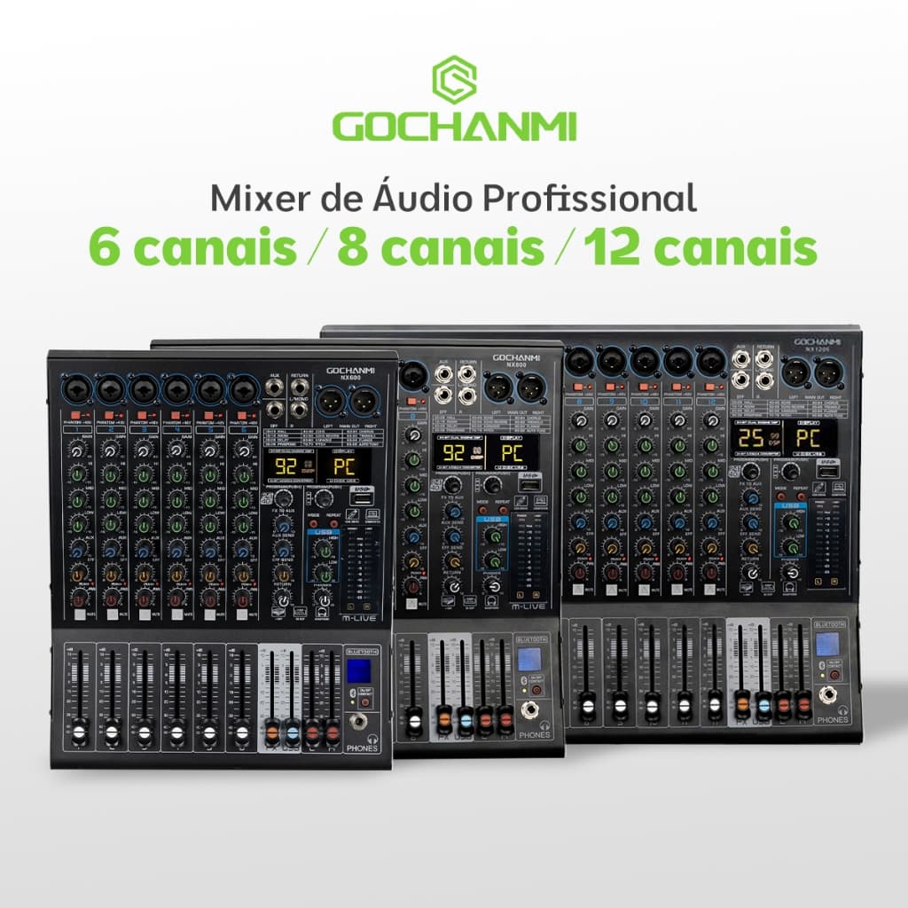 Mesa de Som Gochanmi NX1200/NX800/NX600, 12 Canais/8 Canais/6 Canais  DJ Mixer Bluetooth, 48V DSP, 99 Efeitos 110v/220v
