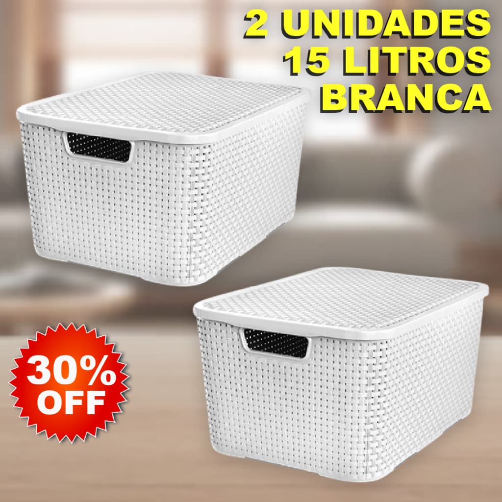 Kit 2 Caixa / Cesta Organizadora Média 15 Litros Empilhavel Rattan BRANCA Com Tampa - Cesto Organizador 15L