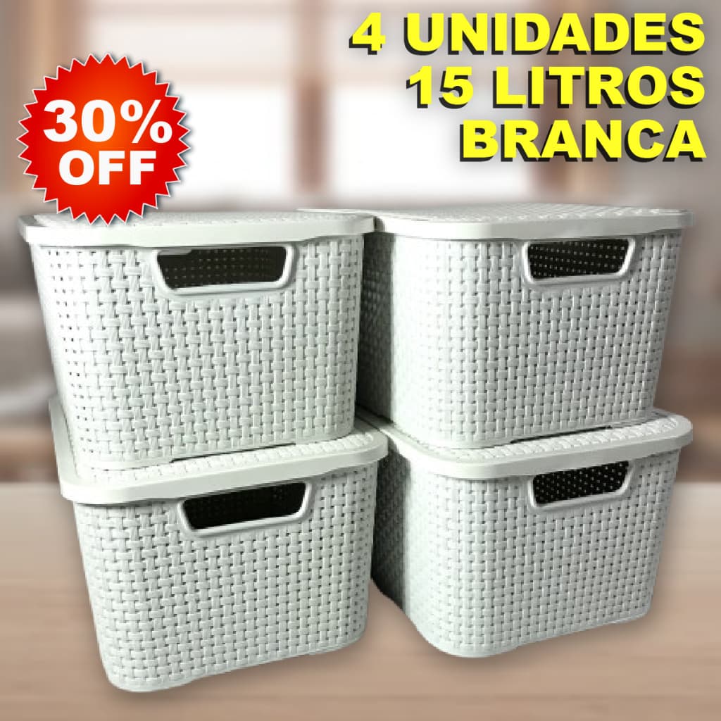 Kit 4 Caixa / Cesta Organizadora Média 15 Litros Empilhavel Rattan BRANCA Com Tampa - Cesto Organizador 15L