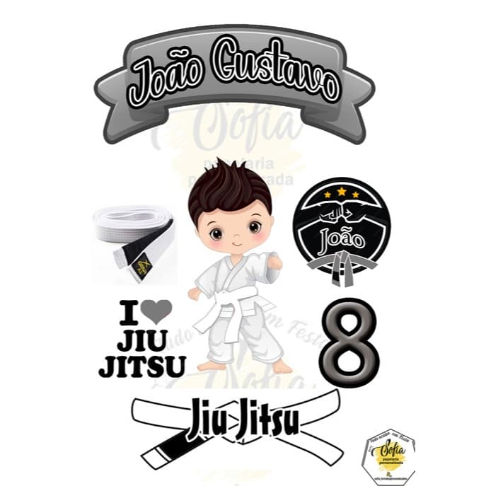 Topo de bolo Jiu Jitsu faixa branca kimono branco topper personalizado