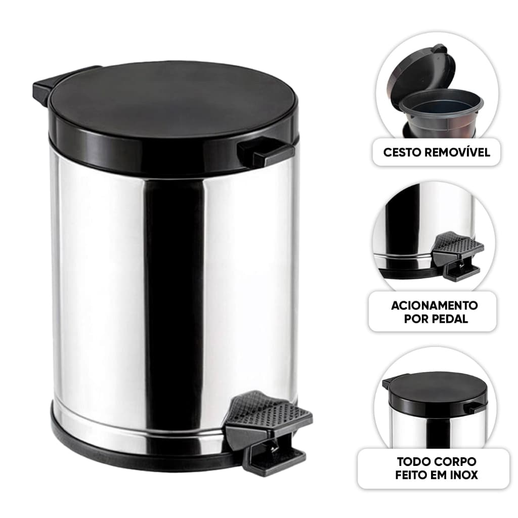 Lixeira Inox com Pedal 4,5L Cozinha Banheiro e Escritório Cesto Removível