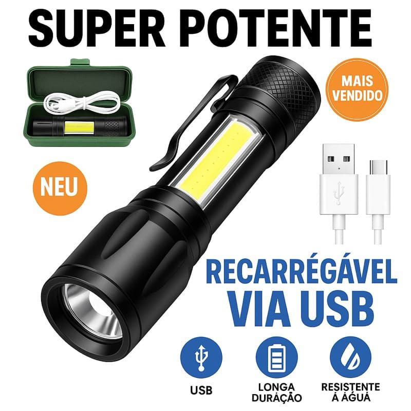 Mini Lanterna Tática USB Recarregável Super Potente + Cabo Incluso | Compacta e Resistente