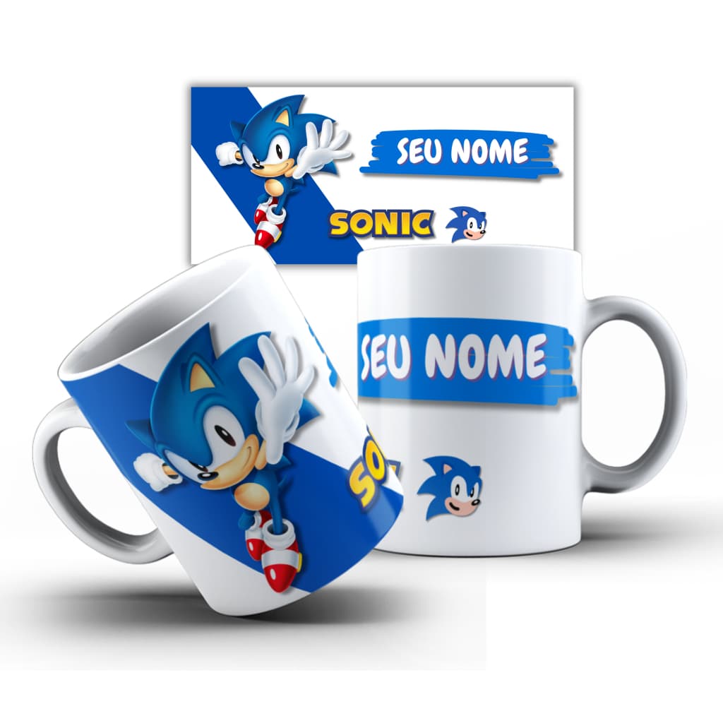 Caneca Xícara Personalizada Sonic COM NOME Presente Artes Exclusivas Porcelana ou Plástico Envio em 24h